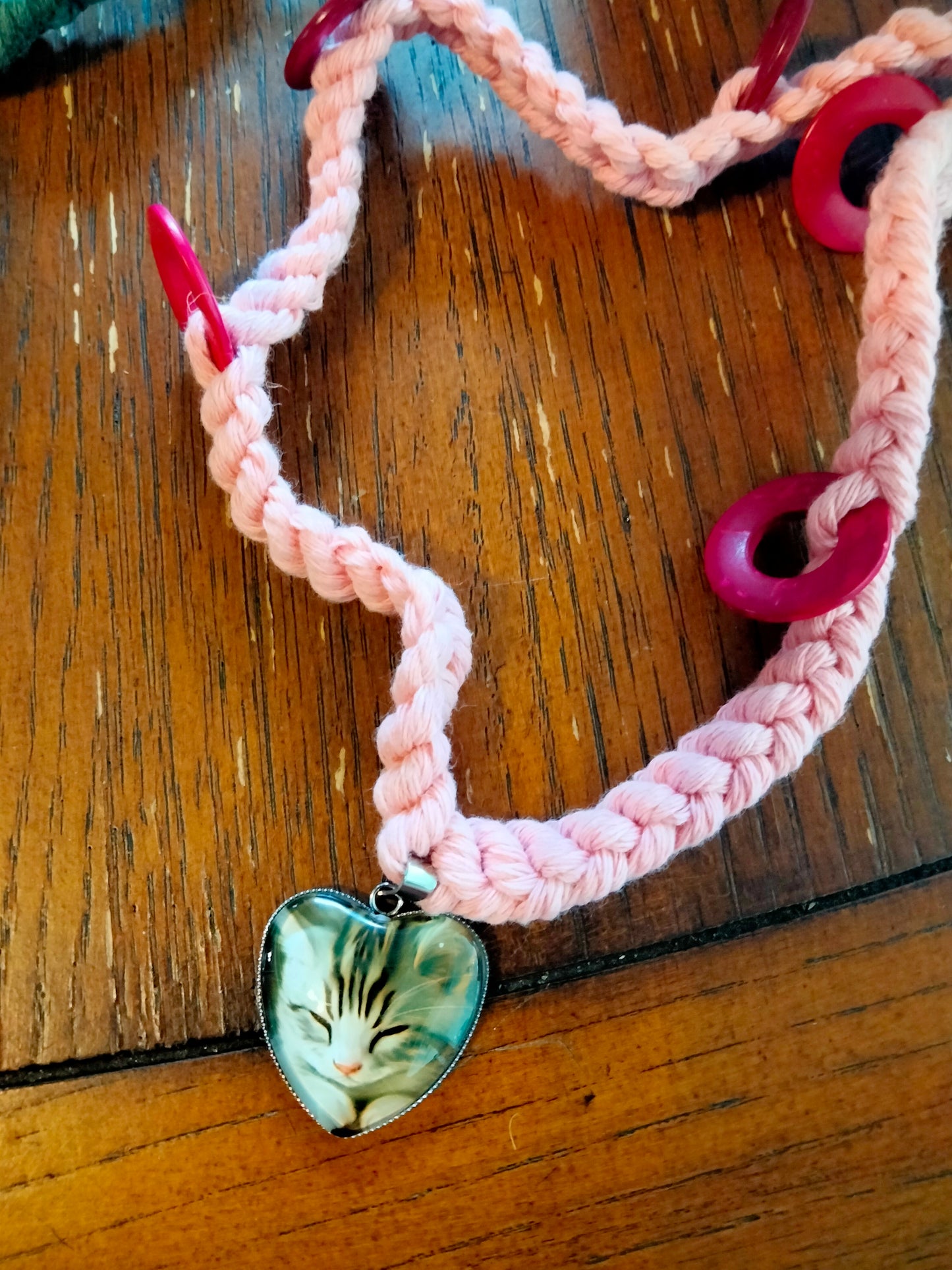 Cat Lady Pink Hemp Necklace Love Cats  @Peacemade