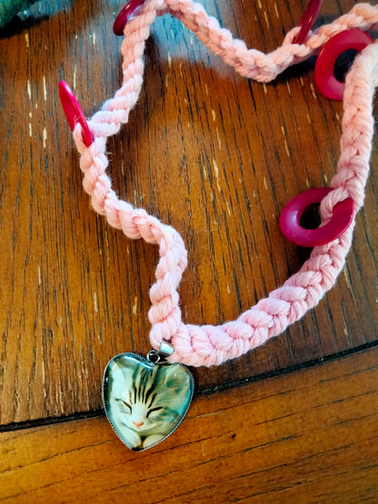 Cat Lady Pink Hemp Necklace Love Cats  @Peacemade