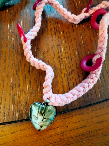 Cat Lady Pink Hemp Necklace Love Cats  @Peacemade