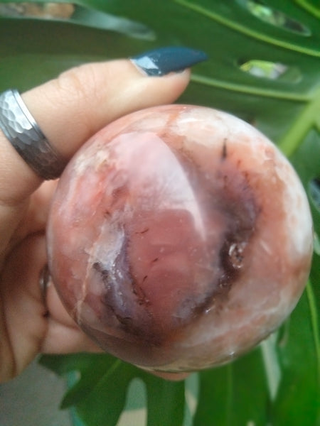 Pink Agate Sphere With cave Druzy and Dendrite