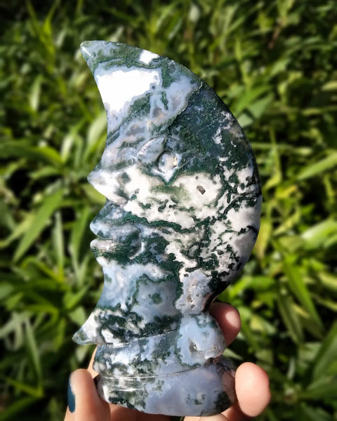 Moss Agate moon face carving