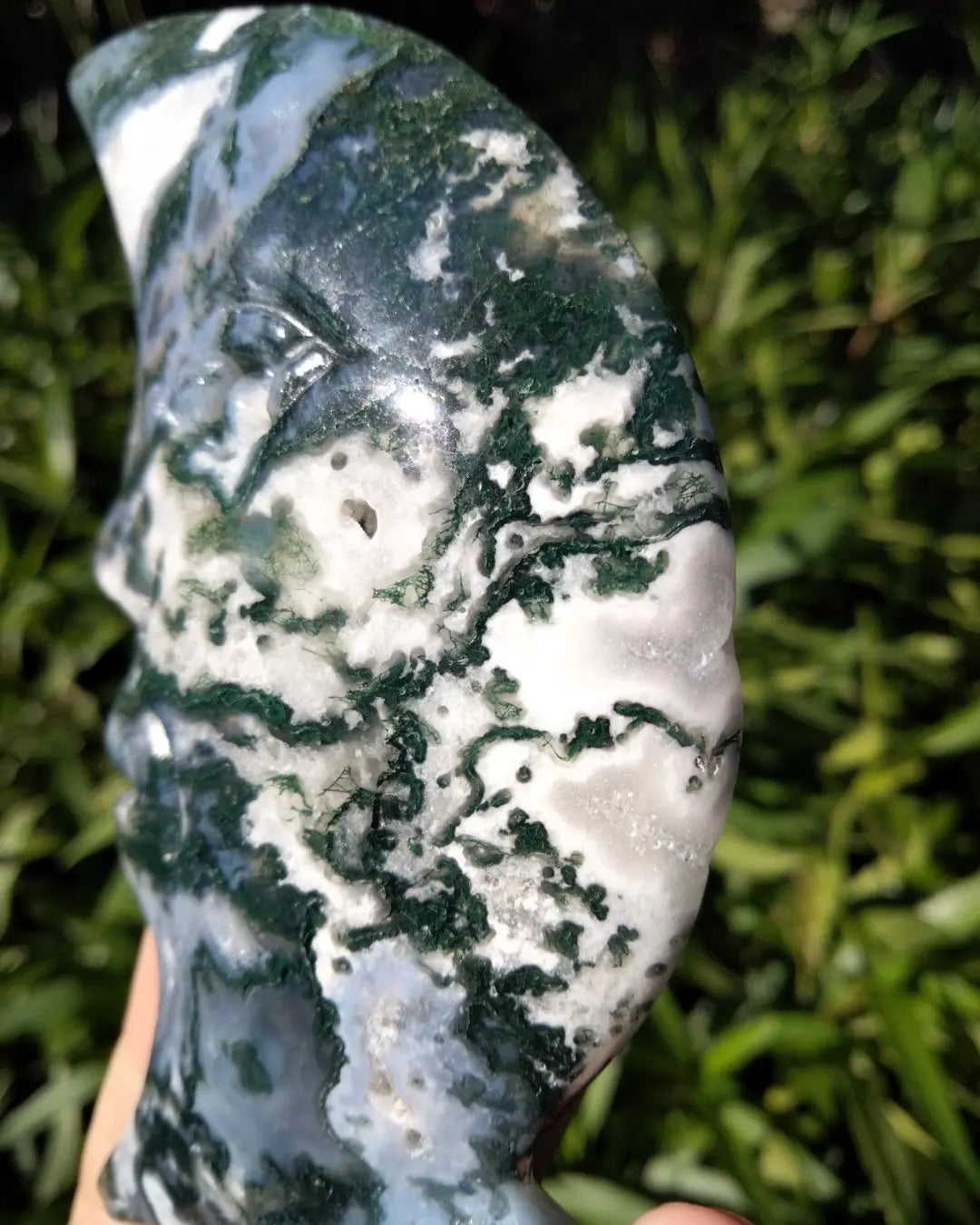 Moss Agate moon face carving