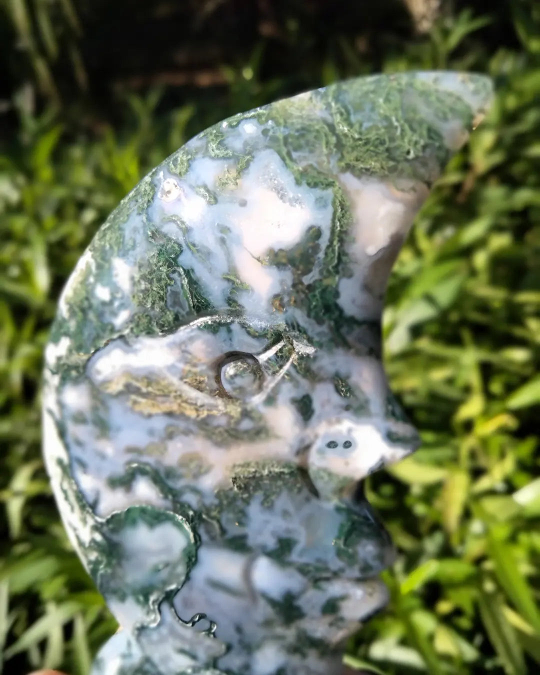 Moss Agate moon face carving