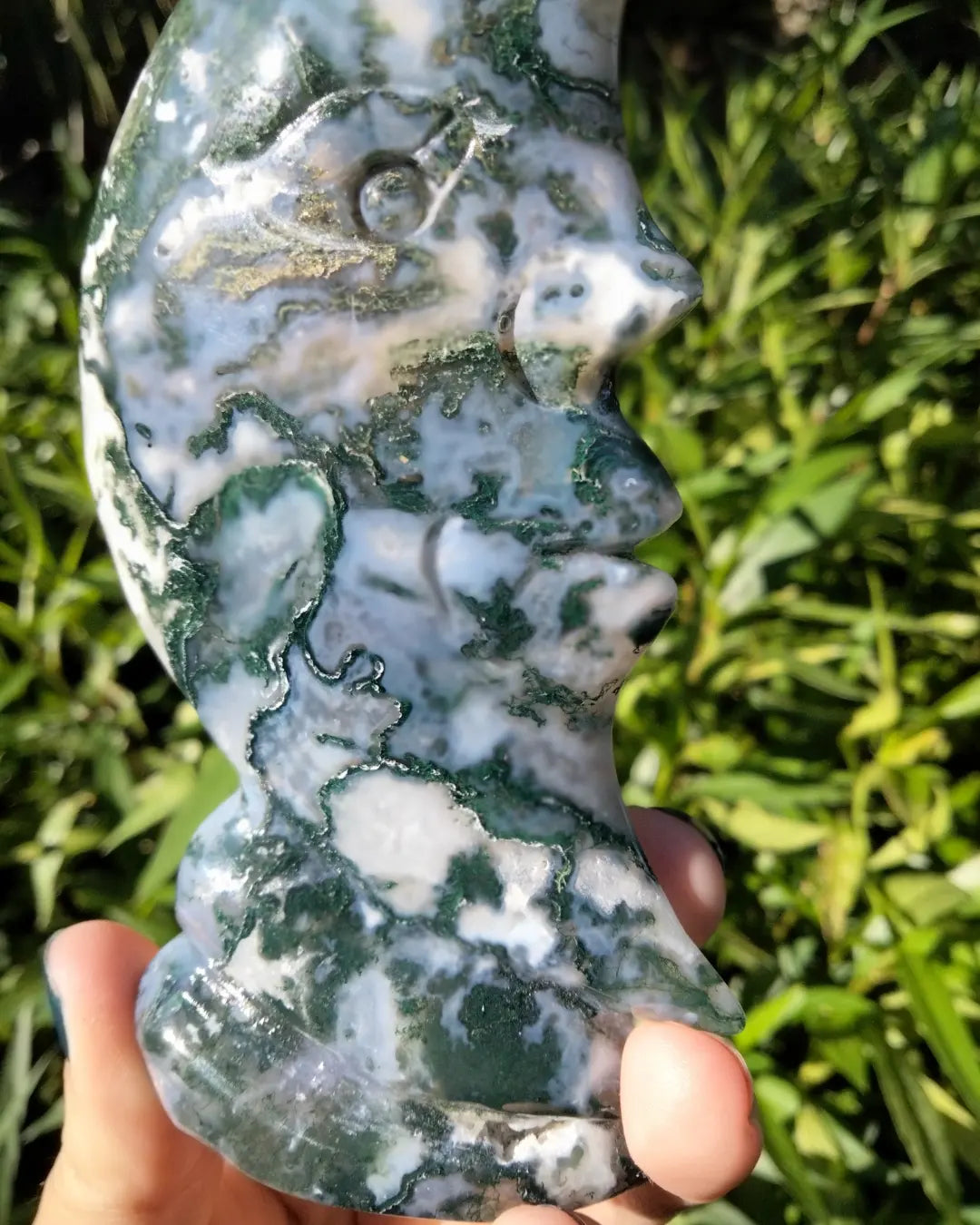 Moss Agate moon face carving