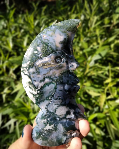 Moss Agate moon face carving