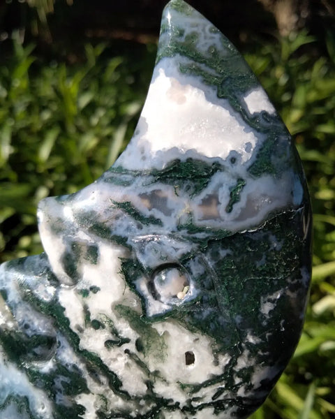 Moss Agate moon face carving