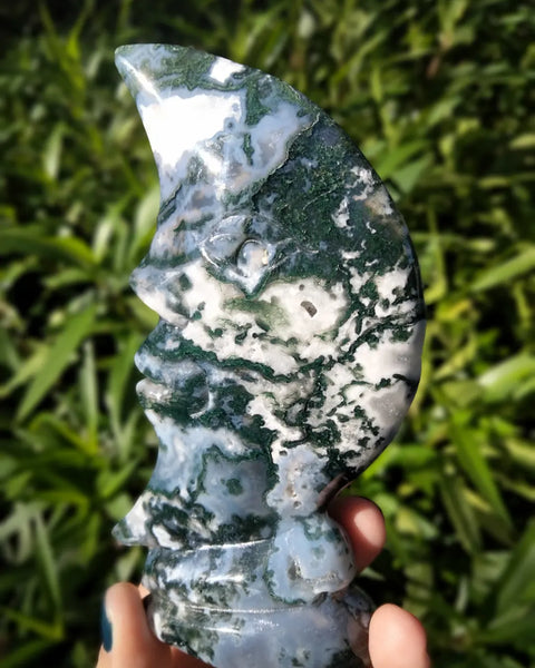 Moss Agate moon face carving