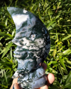 Moss Agate moon face carving