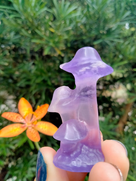 purple fluorite triple mushroom crystal carving