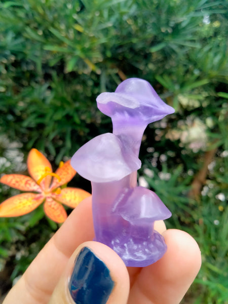 purple fluorite triple mushroom crystal carving