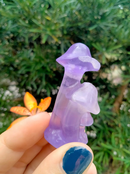 purple fluorite triple mushroom crystal carving