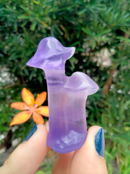 purple fluorite triple mushroom crystal carving