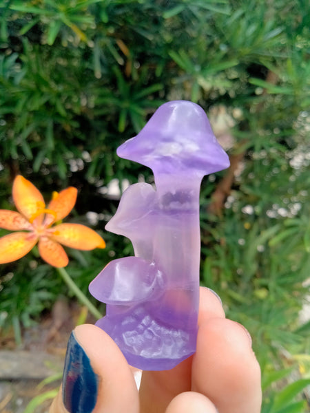 purple fluorite triple mushroom crystal carving