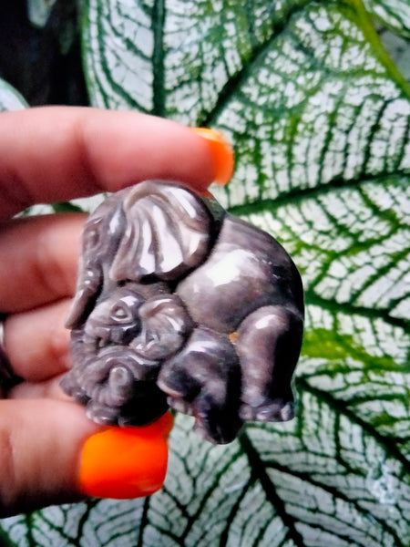 Mama & Baby Elephant Silver Sheen Obsidian