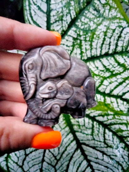Mama & Baby Elephant Silver Sheen Obsidian