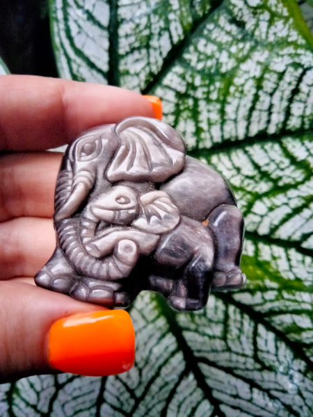 Mama & Baby Elephant Silver Sheen Obsidian