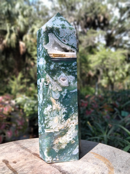 Moss Agate Tower cave druzy and vlue rivers