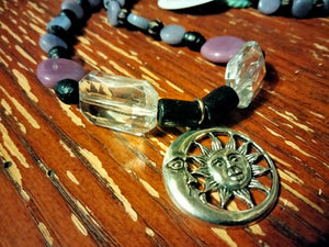 Purple Micah beaded Necklace with sun & moon Pendant by Peacemade