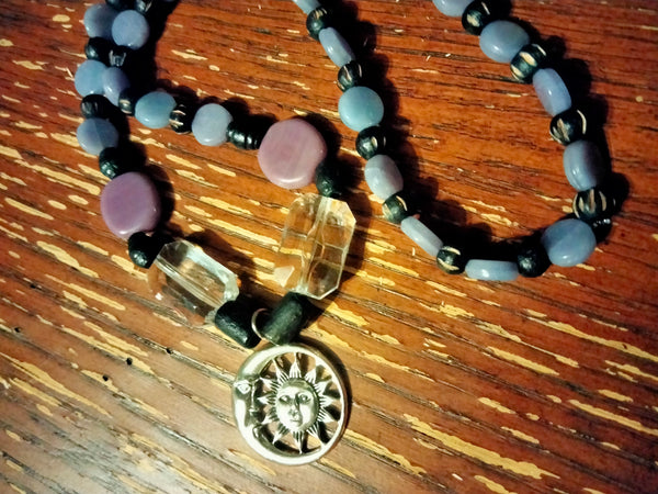 Purple Micah beaded Necklace with sun & moon Pendant by Peacemade