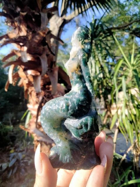 Moss Agate Mermaid crystal carving