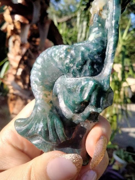 Moss Agate Mermaid crystal carving