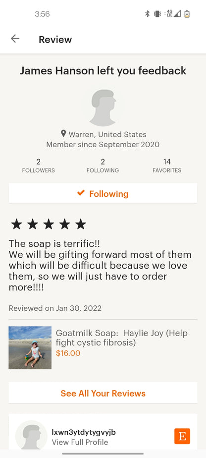 Goatmilk Soap:  Haylie Joy (Help fight cystic fibrosis)