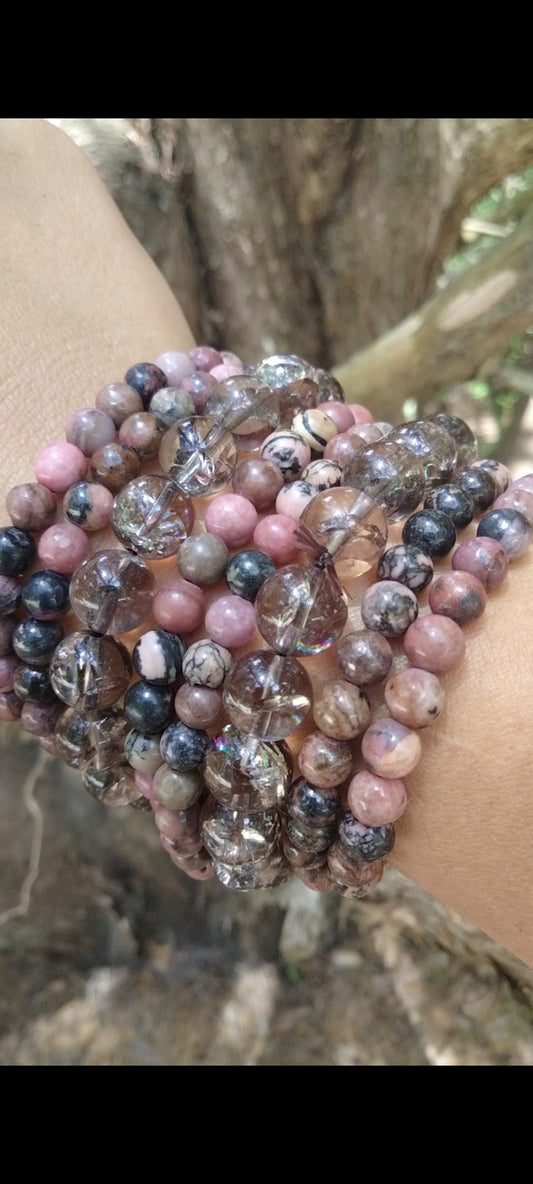 Rhodonite &Smokey Quartz Crystal Bracelet