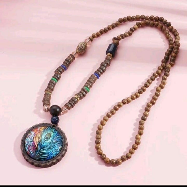 Beaded Necklace  Peacock pendant by Peacemade