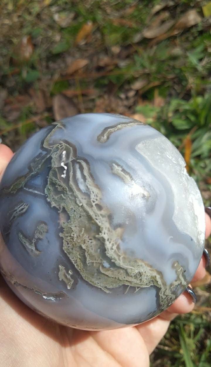 Moss Agate Sphere with Chalcedony portal druzy