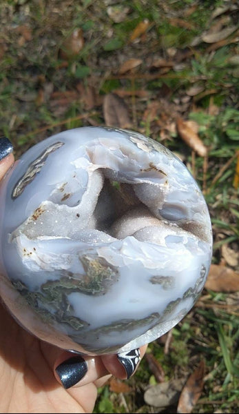 Moss Agate Sphere with Chalcedony portal druzy