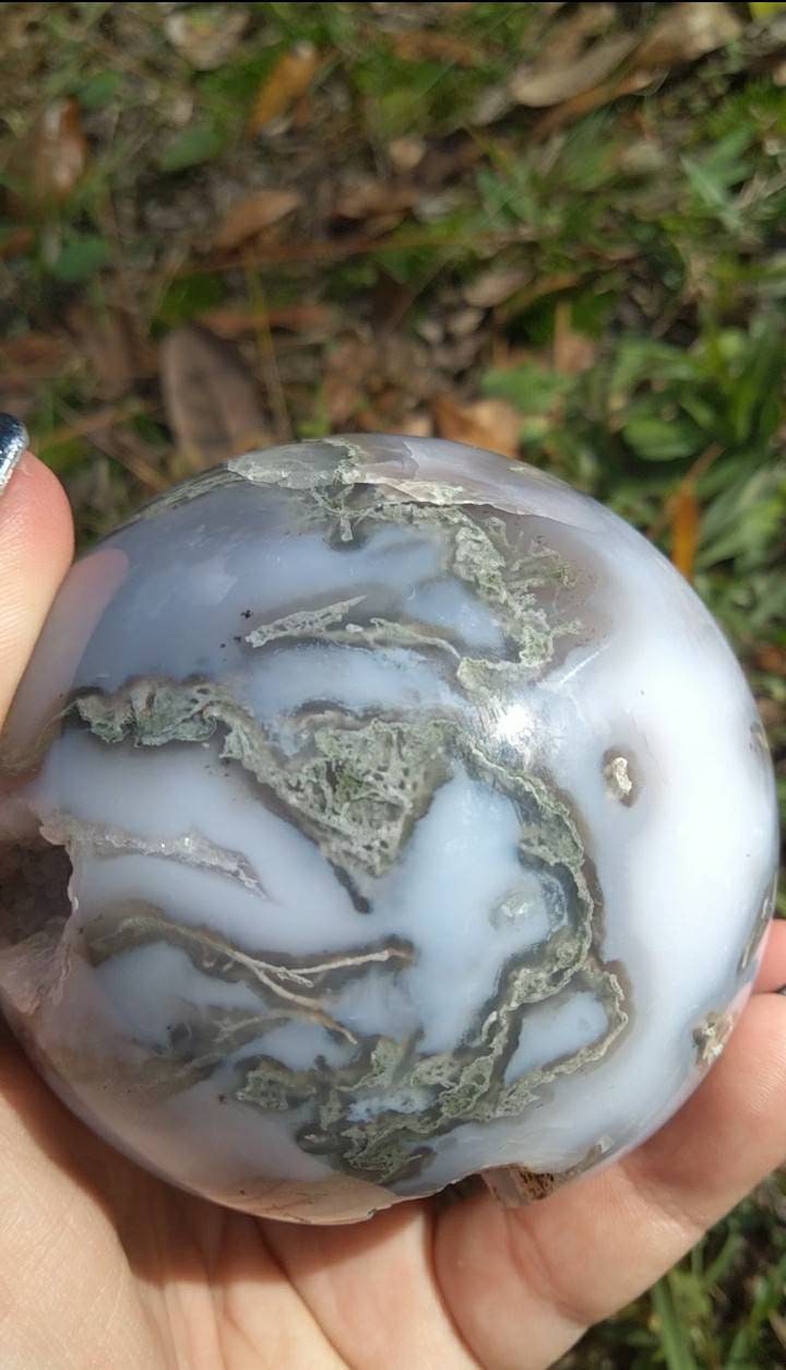 Moss Agate Sphere with Chalcedony portal druzy