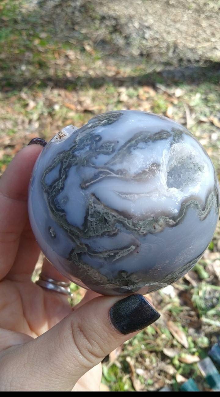 Moss Agate Sphere with Chalcedony portal druzy