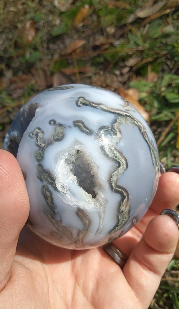 Moss Agate Sphere with Chalcedony portal druzy