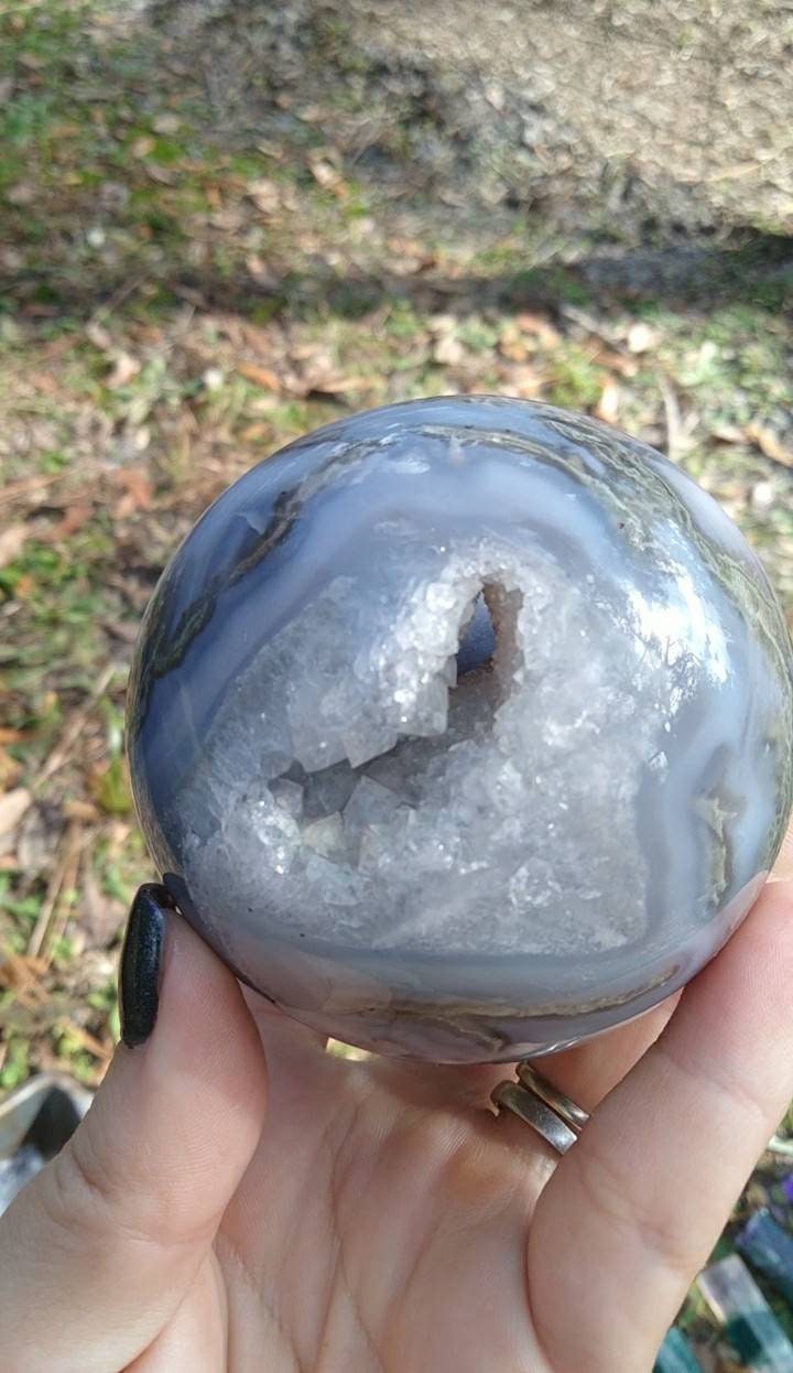 Moss Agate Sphere with Chalcedony portal druzy