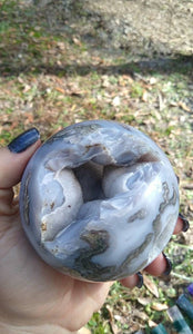 Moss Agate Sphere with Chalcedony portal druzy