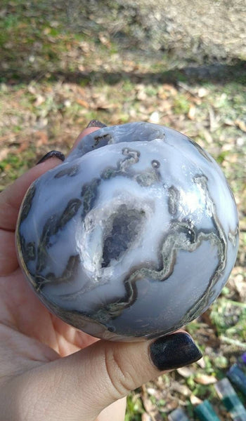 Moss Agate Sphere with Chalcedony portal druzy