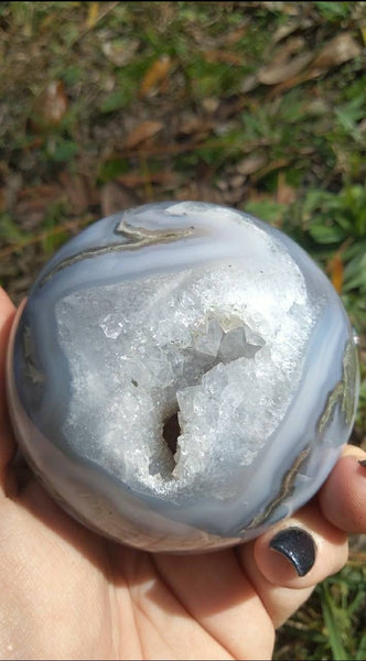 Moss Agate Sphere with Chalcedony portal druzy